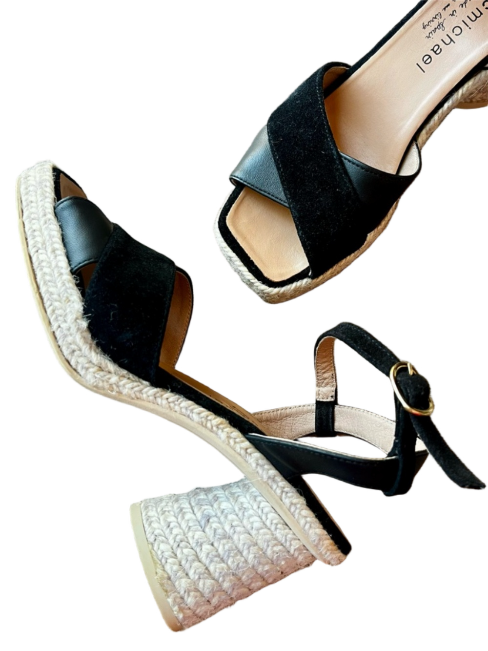 Black Leather Espadrille Block Heel Sandals Size 38 by Eric Michaels worn once